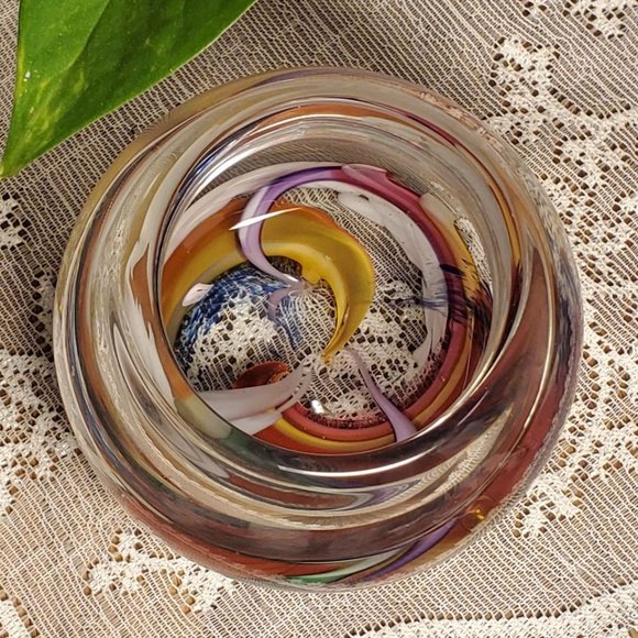 Art Glass Votive Holder Orb Paperweight 2007 Signed Lovely Color Swirls 3" Used - Picture 2 of 9
